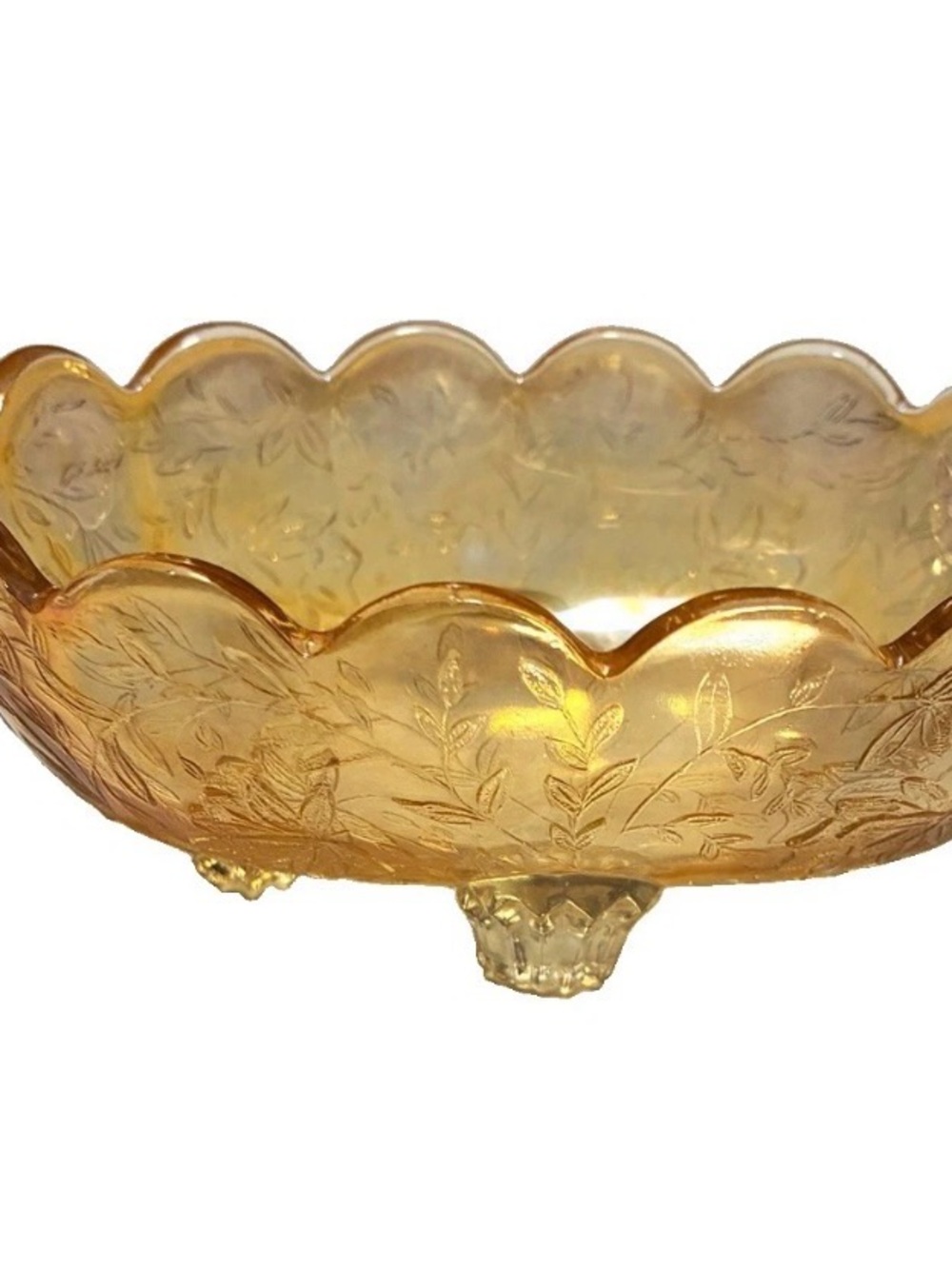 Amber Carnival Glass Scalloped Footed Bowl